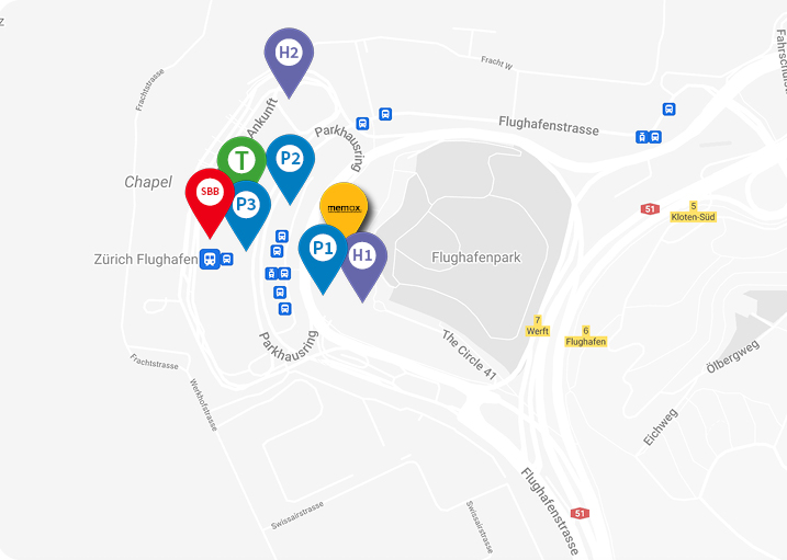 Anreise Map Zürich Flughafen The Circle memox